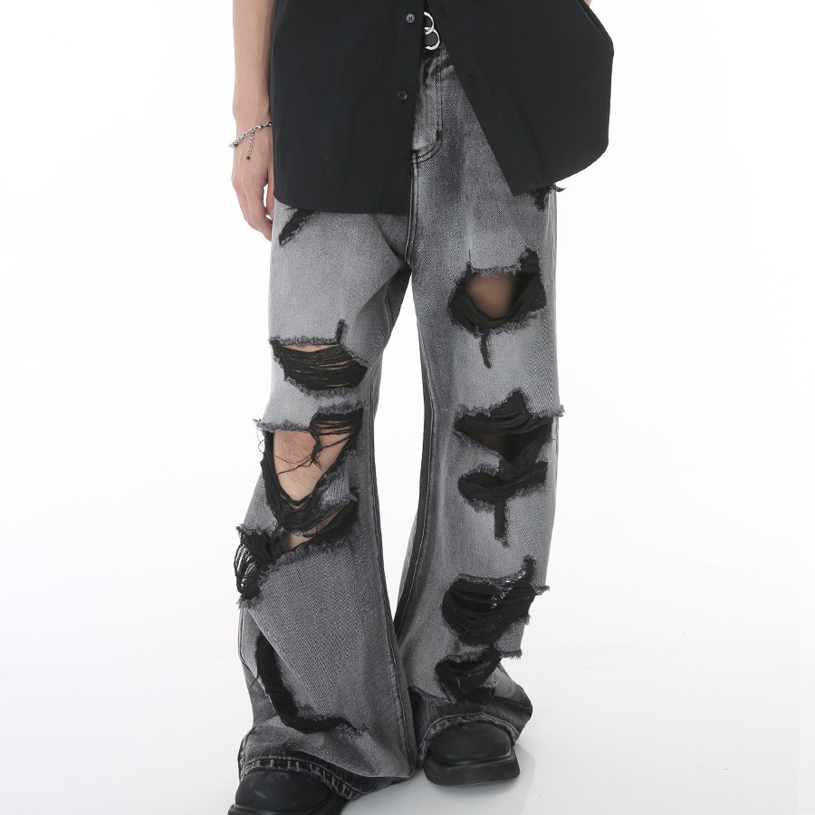 Hip Hop Ripped Beggar Dress Wide Mopping Denim Trousers