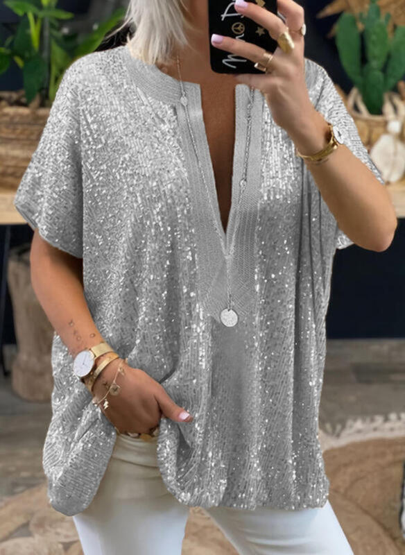 Loose Sequined V-neck Short-sleeved Casual Shirt