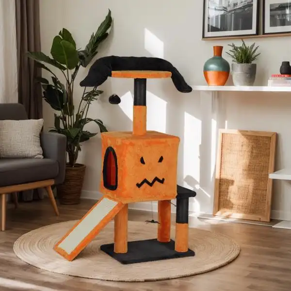 39.4inch Halloween Cat Tree, Cat Tower Cat Tree For Indoor Cats With Spacious Cat Condo, Sisal Scratching Posts, Hanging Toys, Orange & Black