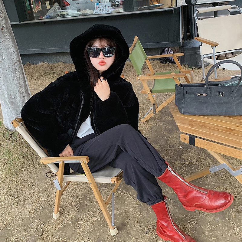 Lamb Wool Coat Women's Hooded Zipper Sweater