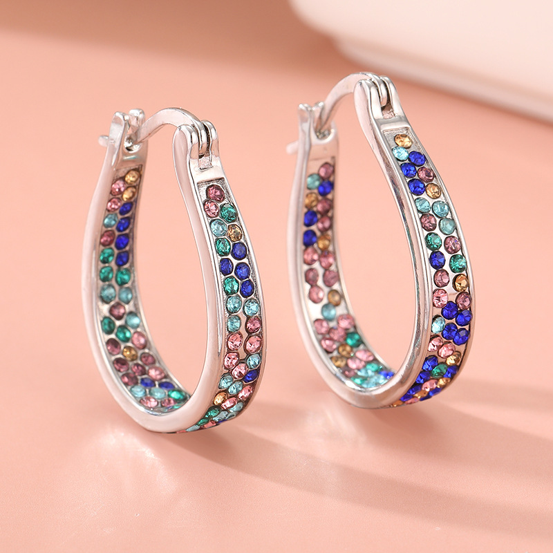 Colorful Crystal Turquoise Color Hoop Earrings Silver Tone Brass Women Party Fashion Jewelry Elegant Versatile 6