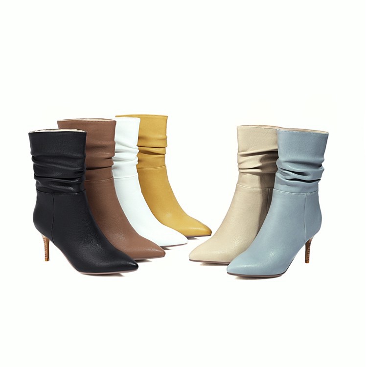 Women's Boots With Stiletto Heels And Short Pleated Mid-tube Boots