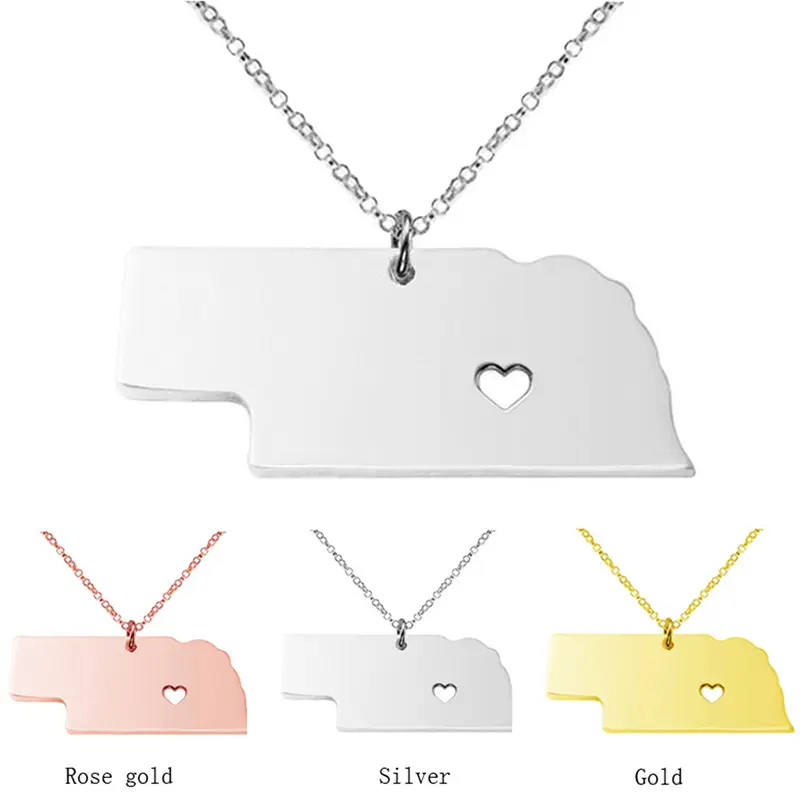 Nebraska State Map Pendant Necklace in Stainless Steel