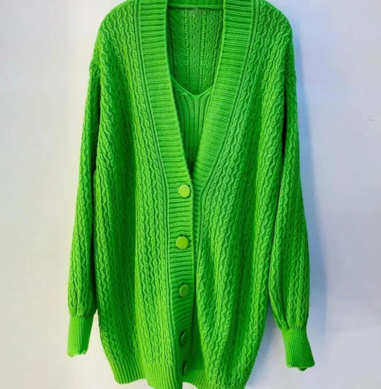 Single-breasted Jacket And Camisole Sweater Dress - Green