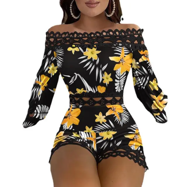 Printed Long Sleeved One Neck Off The Shoulder Sexy Lace Stitching Jumpsuit Black - Shop at LoveMi