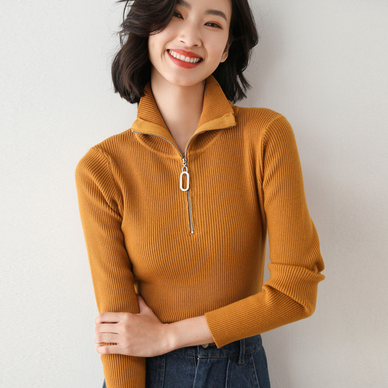 High Neck Zipper Knit Bottoming Shirt Women Fall And Winter Wear Slim Pullover Sweater