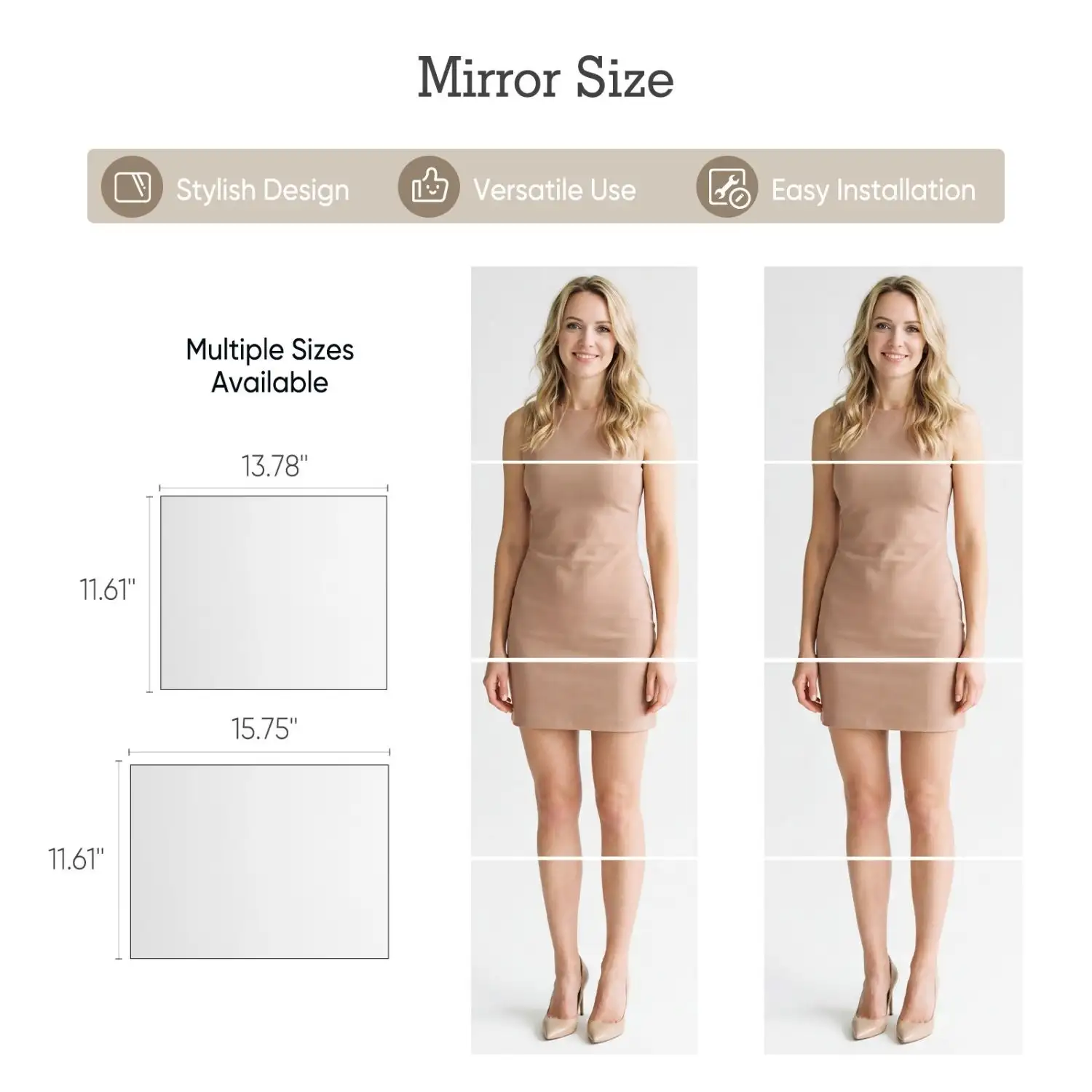 Frameless Glass Full Length Mirror Tiles, 4 Piece Set, Wall Mounted For Bedroom, Home Gym And Door