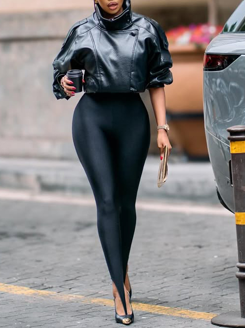 Black Lychee Grain Faux Leather Stand Collar Puff Sleeve Cropped Jacket