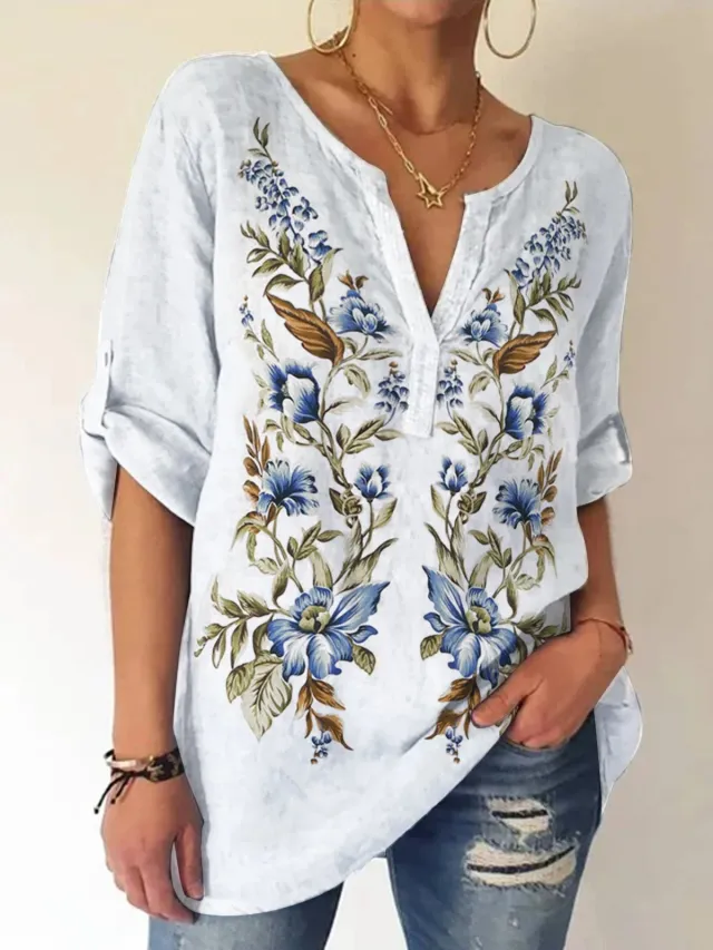 A Linen Embroidered V neck Shirt With Seven Quarter Sleeves Red - Shop at LoveMi