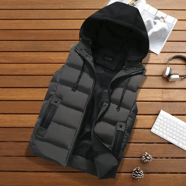 Solid Color Removable Casual Hooded Men's Vest Grey - Shop at LoveMi