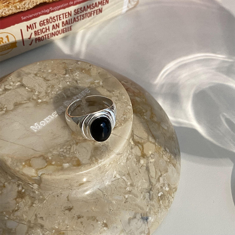 Fashion Personality Temperament Simple S925 Silver Black Jade Ring Female