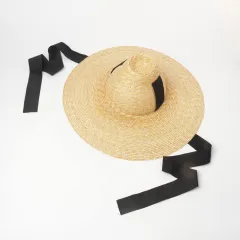 Women's Outdoor High Top With Straps Hand-knitted Straw Hat With Large Eaves - Black - View 1