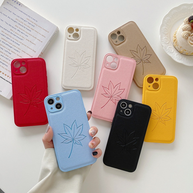 Pure Color Tpu Litchi Skin Maple Leaf Phone Case