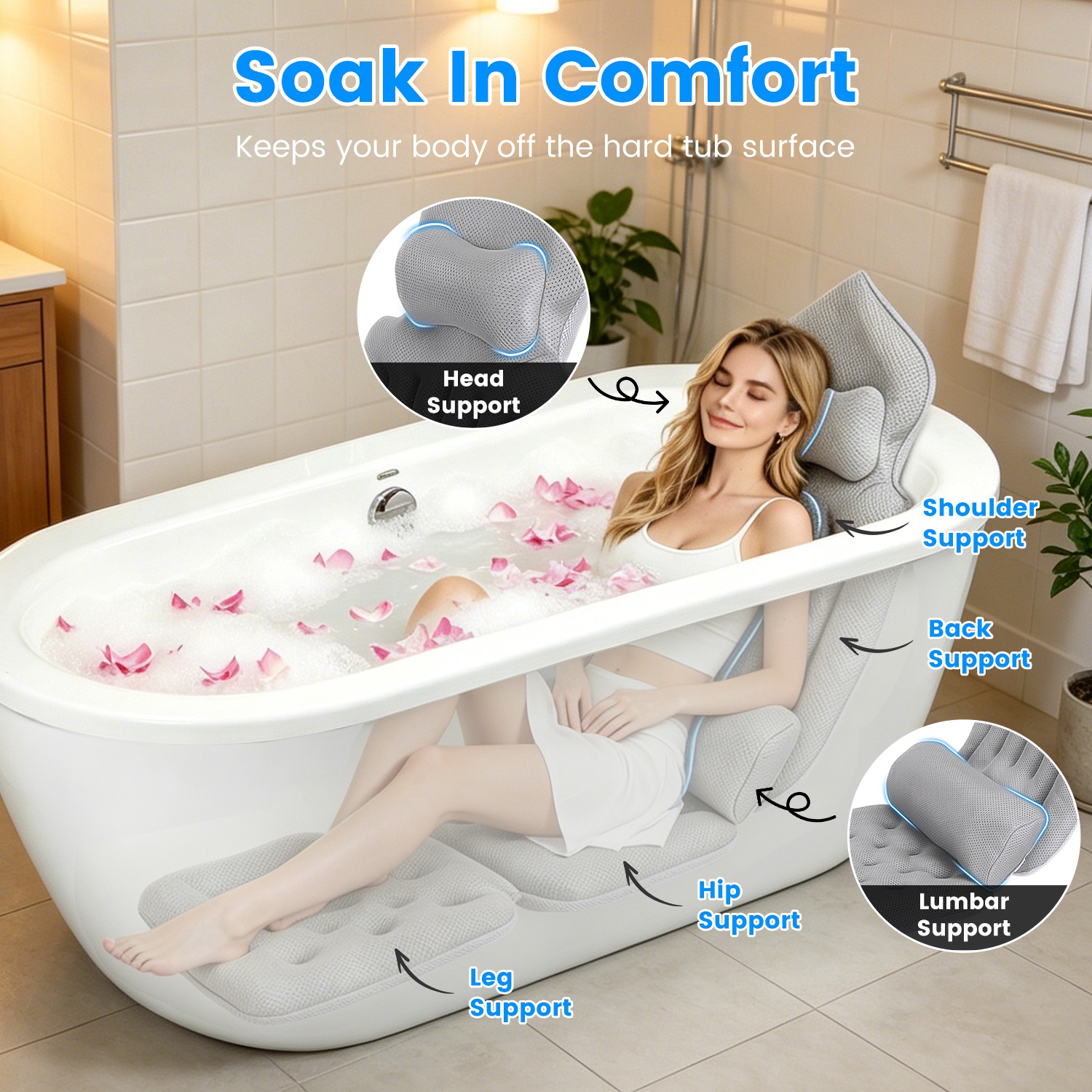 1Pc Full Body Bath Pillow With Headrest Lumbar Support Quick-Drying Bathtub Cushion With Breathable 4D Honeycomb Mesh Cushion Nonslip Machine Washable