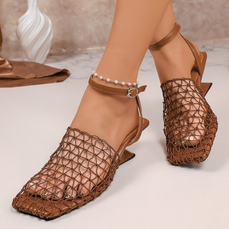 Women's Plus Size Mesh Hollow Sandals Breathable Block Heel Fishnet Shoes Summer New Niche Design High Heel Sandals