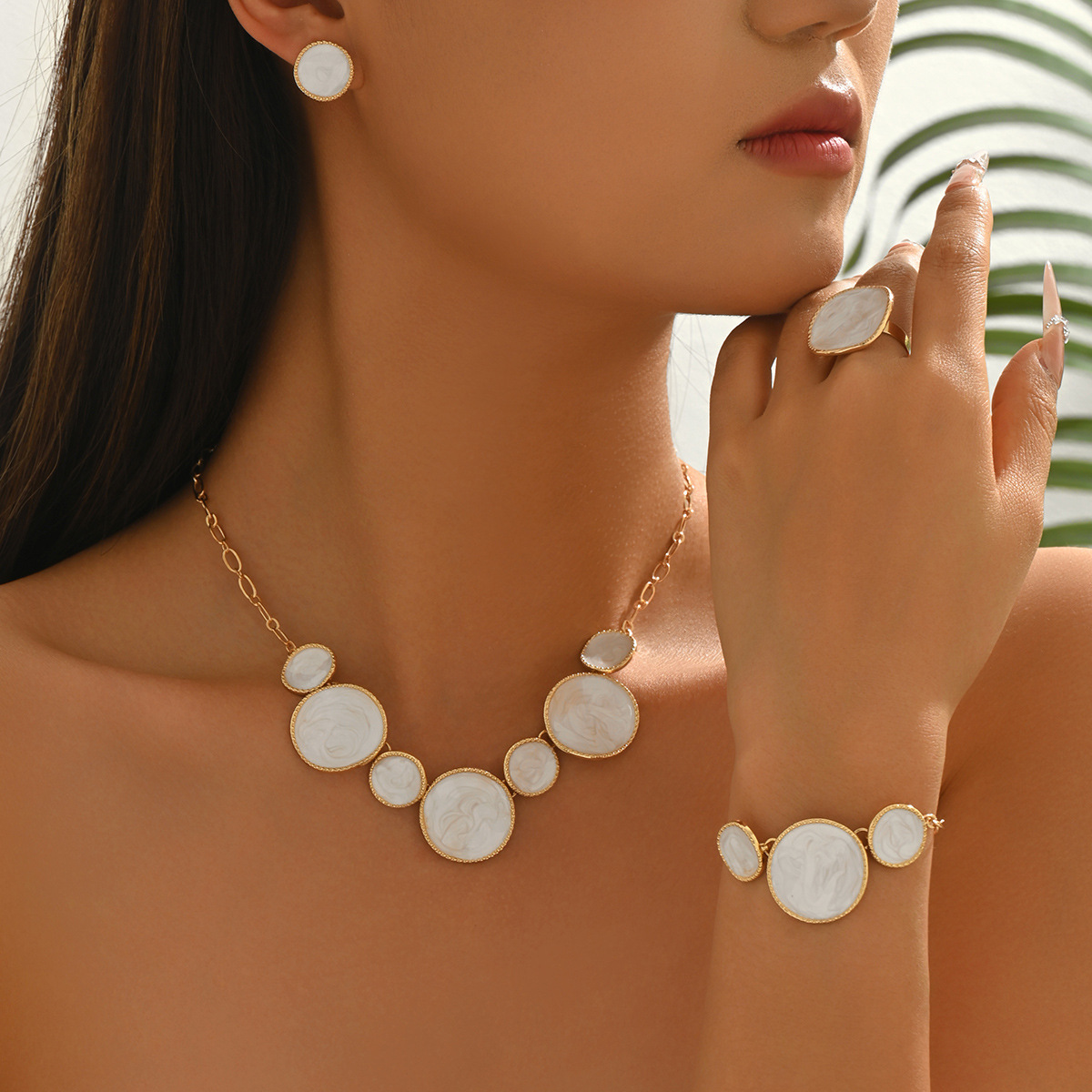 Cross-Border European Style Jewelry Set For Women, Niche Irregular Round Enamel Drop Design Matching Earrings & Elegant Versatile Premium Necklace