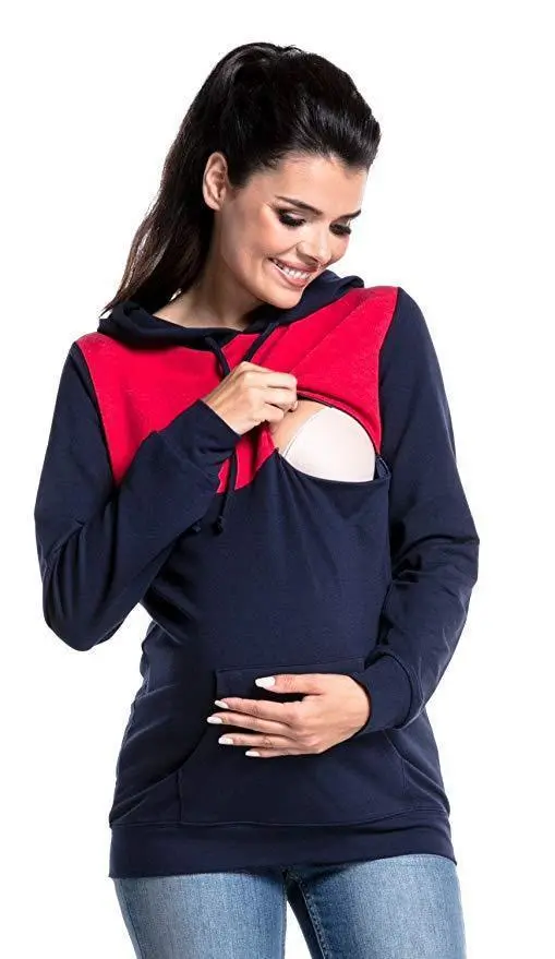 Hooded Colorblock Maternity Nursing Top Sweatshirt Red - Shop at LoveMi
