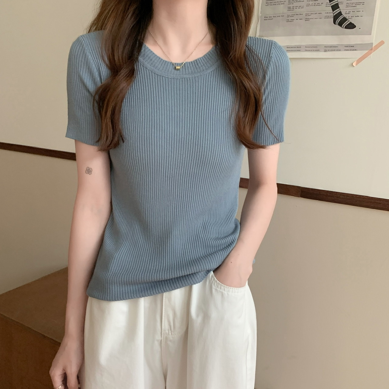 Women's Round Neck Ice Silk Knit Short Sleeves