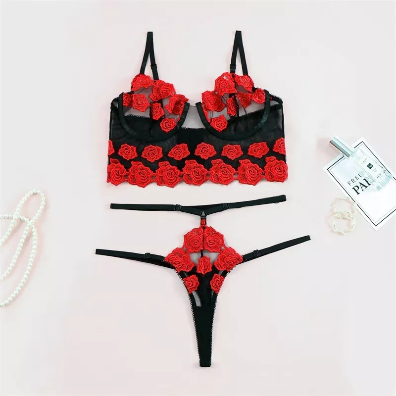 Title 1, Transparent Mesh Red Flower Embroidery Split Tw...