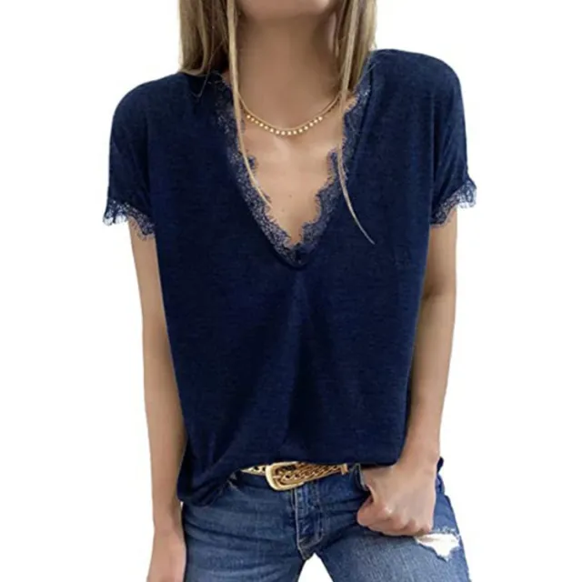 Printed V Neck Pullover Short Sleeved T Shirt Navy - Shop at LoveMi