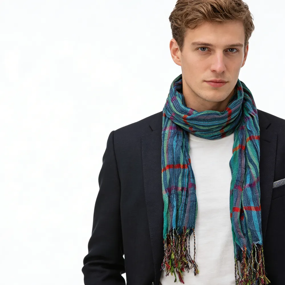 Extra Length Navy Jacquard Heavy Textured Scarf