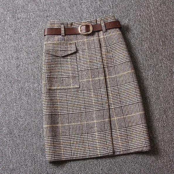 Woolen Plaid Women's Mid length High Waist Slit One step Hip Skirt Khaki - Shop at LoveMi