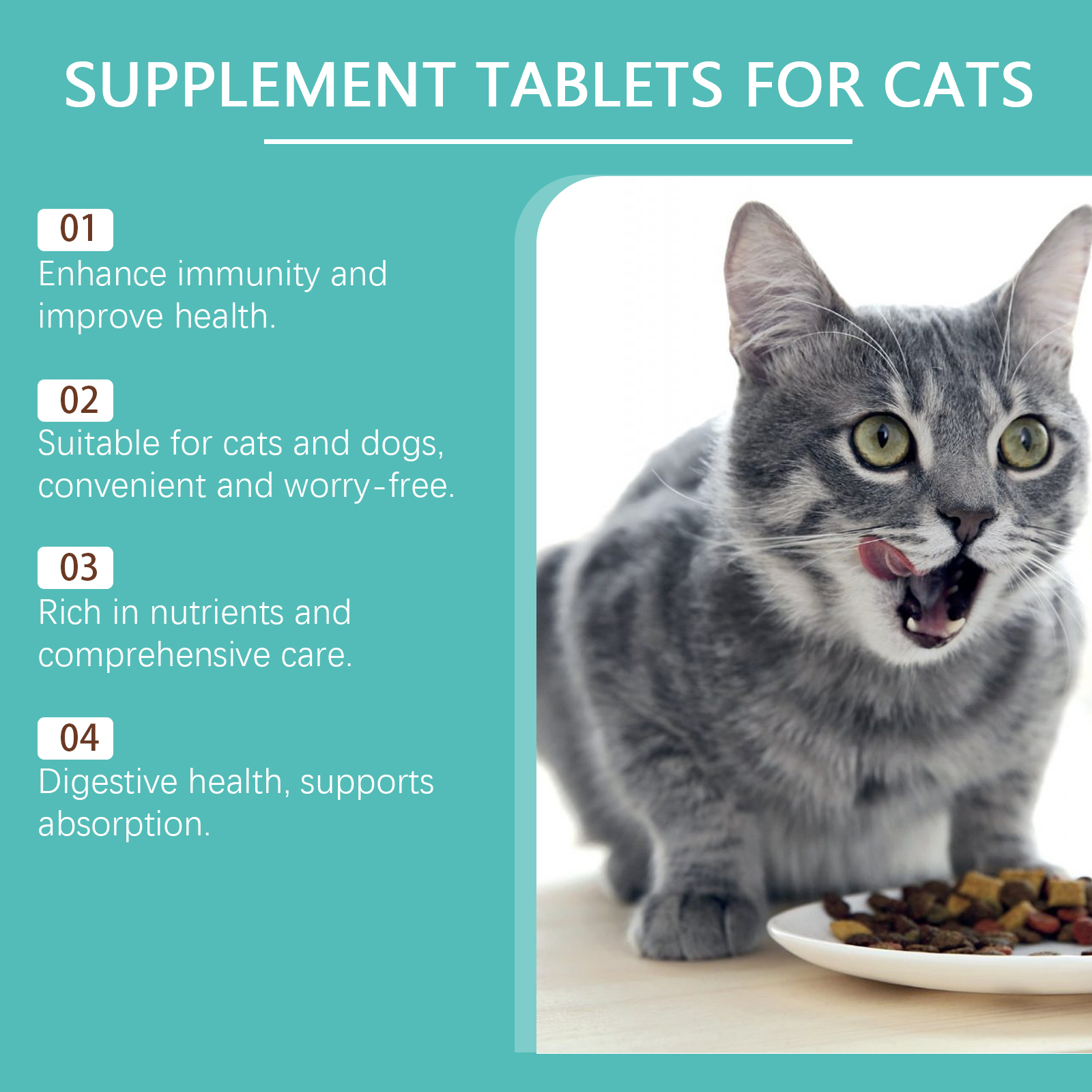 Cat Probiotic Supplement Tablets, Gut & Digestive Health Support With Vitamin B2 & Selenium, Immune, Skin & Vision Care, 80 Tablets — foto 3
