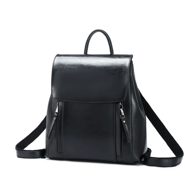 Genuine Leather Handbags Fashion Oil Wax Cowhide Backpack Ladies School Bag Black - Shop at LoveMi