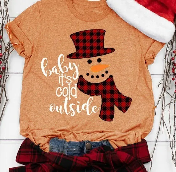 Santa Snowman Print Short Sleeve T shirt Orange - Shop at LoveMi