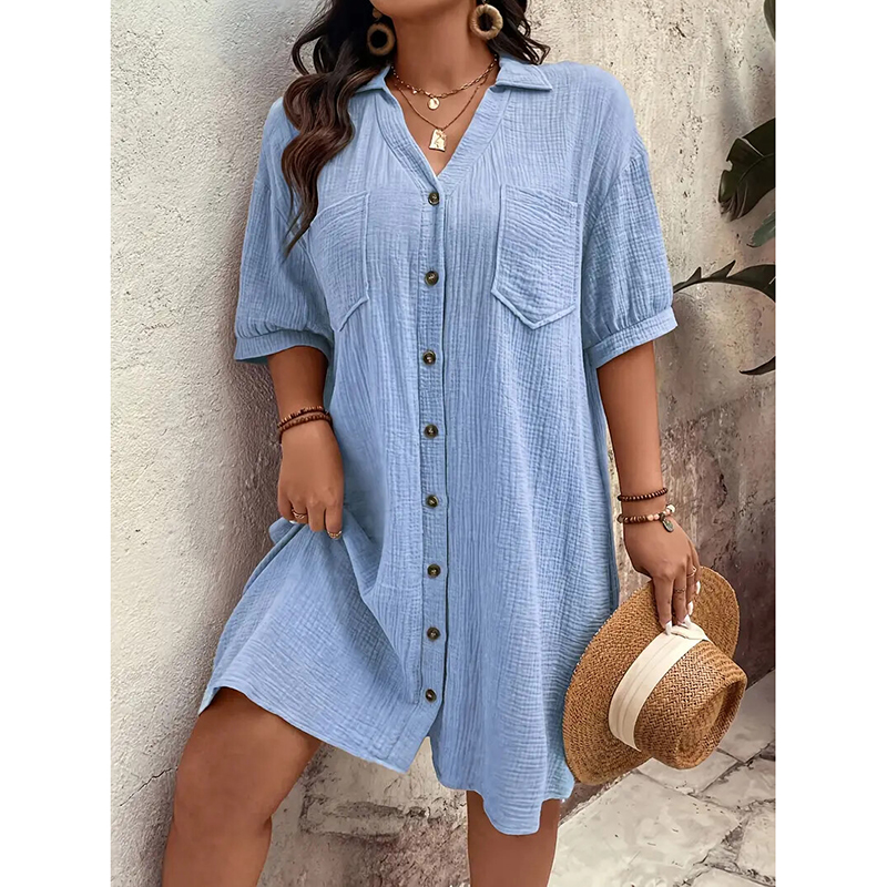 Womens Cotton Shirt Dress Summer Casual Short Sleeve Button Down V Neck Loose Mini Dress With Pockets Sky Blue - Shop at LoveMi