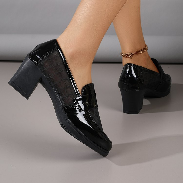 2026 Summer Women's Mesh Breathable High Heels, Hollow Soft Leather Pumps, Mid-Heel Chunky Heel Office Shoes With Soft Sole - Image 1