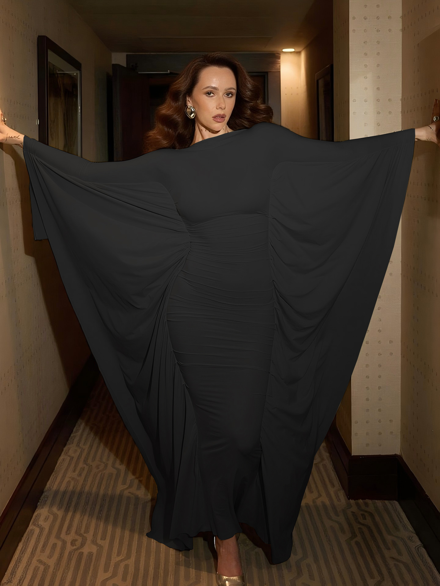 Ruched Dramatic Flutter Sleeves Maxi Dress