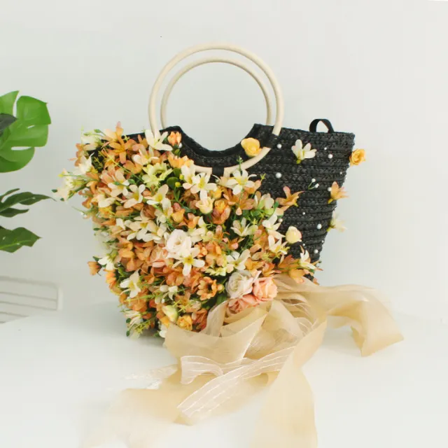 Ladies Handmade Flower Big Brim Straw Hat Mm244 Champagne Straw Bag - Shop at LoveMi