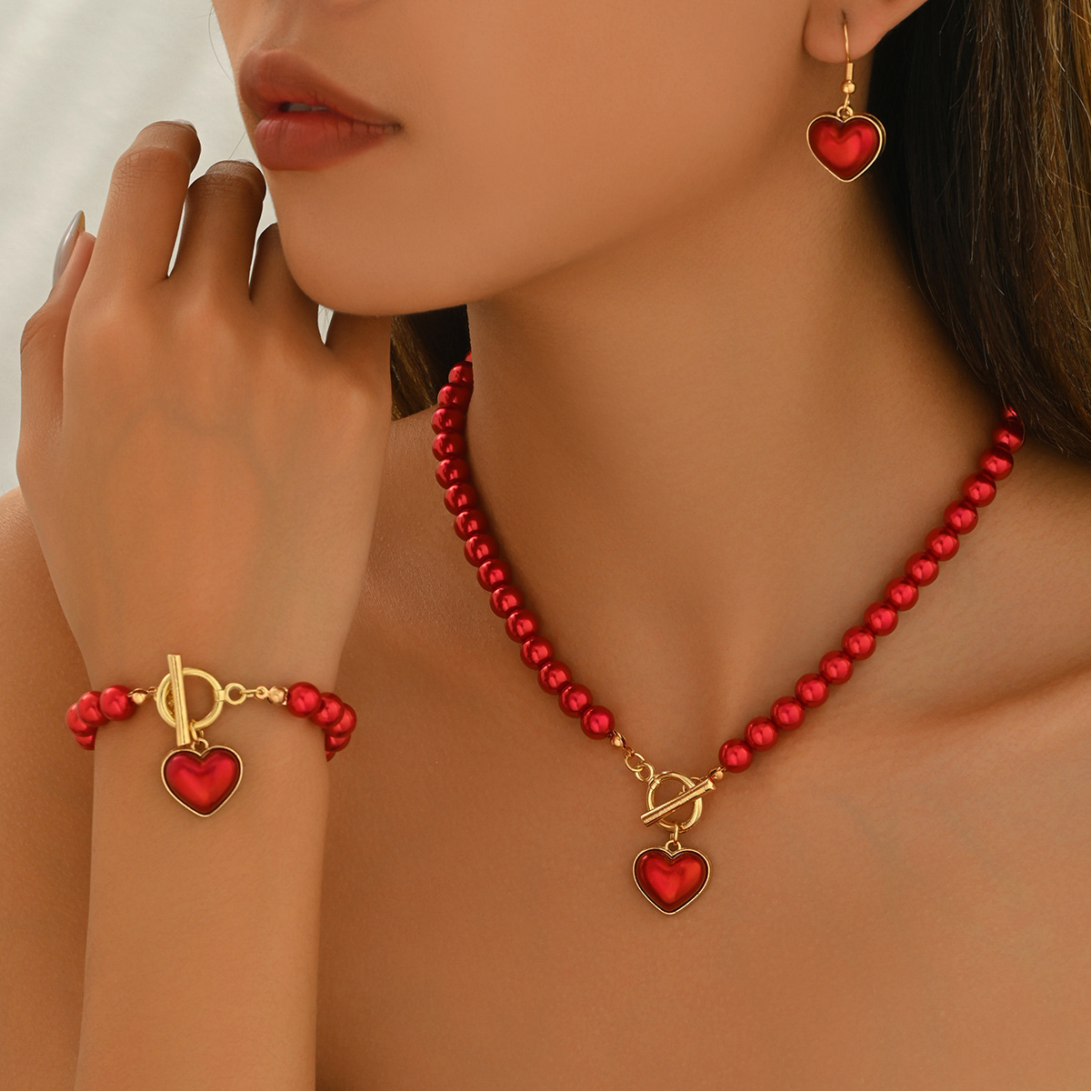 New European American Cross-border Women Jewelry Set, Geometric Heart Braided Necklace Decorated With Faux Pearl, Matching Versatile Earrings & Wrist 