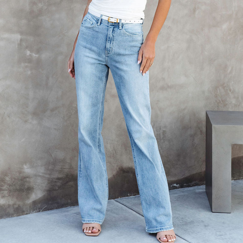 European And American Style Washed Fashionable All match Mid waist Denim Straight leg Trousers Picture Color - Shop at LoveMi