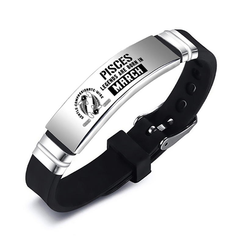 Engraved 12 Constellation Zodiac Sign Stainless Steel ID Bracelet Silicone Bangle