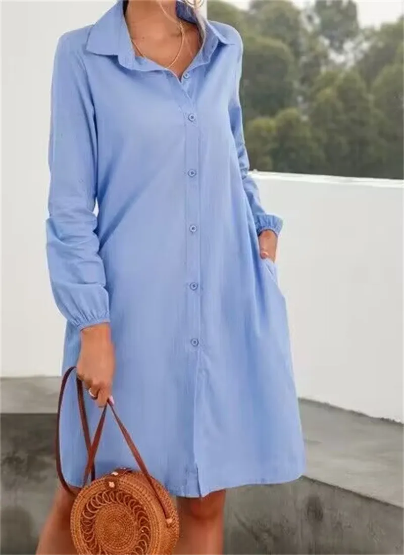 Long Sleeve Solid Color Cardigan Single Breasted Shirt Skirt Female - Light Blue