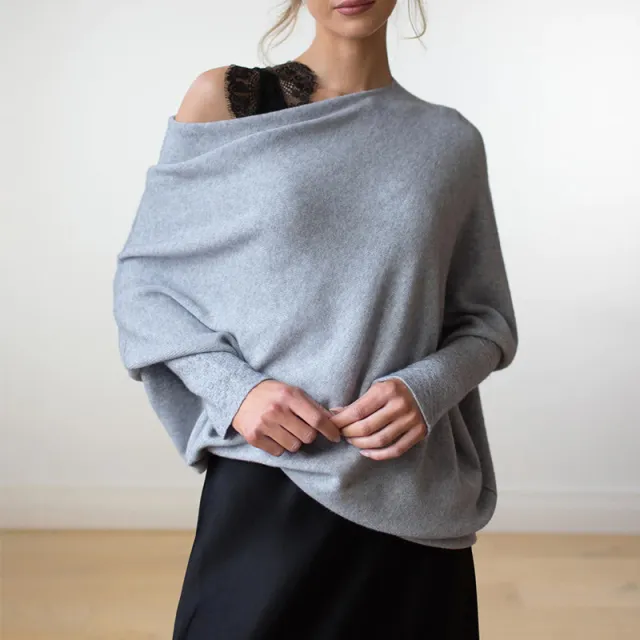 Solid Off shoulder Batwing Sleeve Sweater Fashion Round Neck Temperament Pullover Top Womens Clothing Grey - Shop at LoveMi
