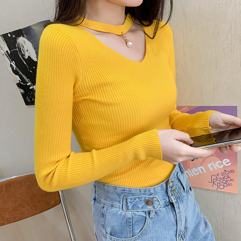 Slim Slimming V-neck Halterneck Sweater Sweater Long Sleeves