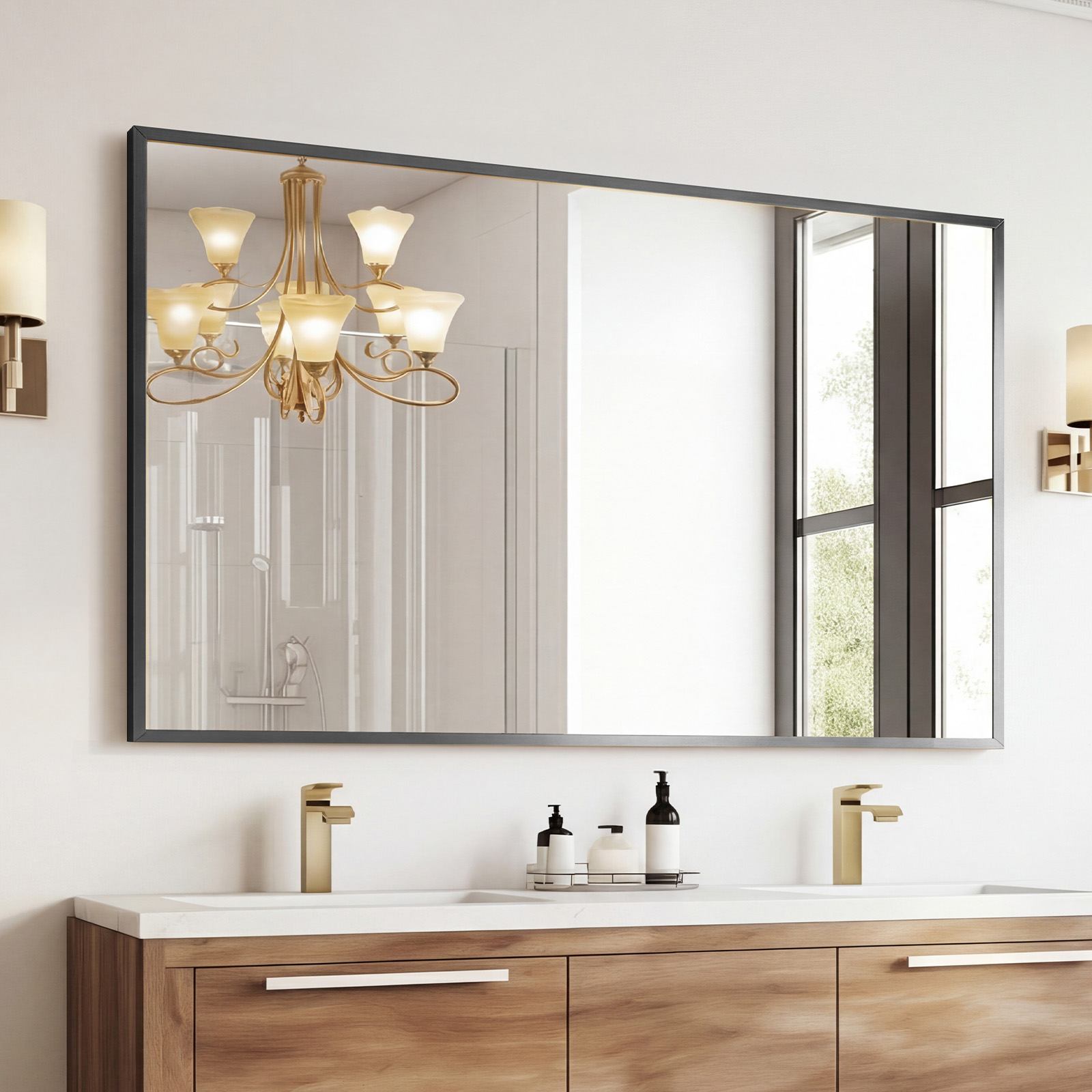 Above The Countertop, There Is A Rectangular Wall-mounted Bathroom Mirror With A Metal Frame And Made Of Tempered Glass. image 3