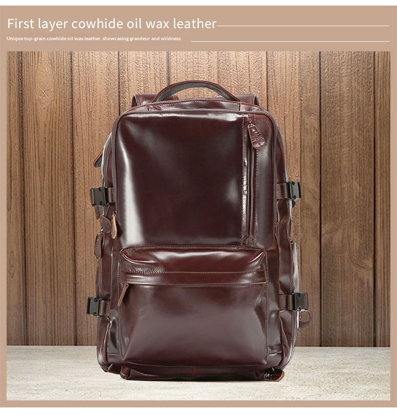 Leather Backpack, Travel Bag, Leather Top Layer, Cowhide Oil Wax Leather, Outdoor Hiking And Mountaineering Bag, Large Capacity Backpack