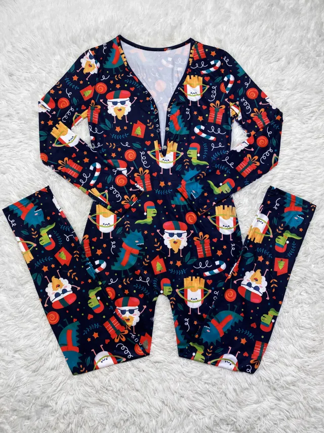 Casual Christmas Printed Long Sleeve Trousers Home Jumpsuit Navy - Shop at LoveMi