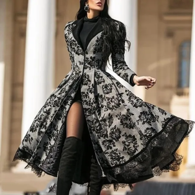 Women's Large Sized Retro Long Coat With Lace Paneling For Autumn And Winter Grey - Shop at LoveMi