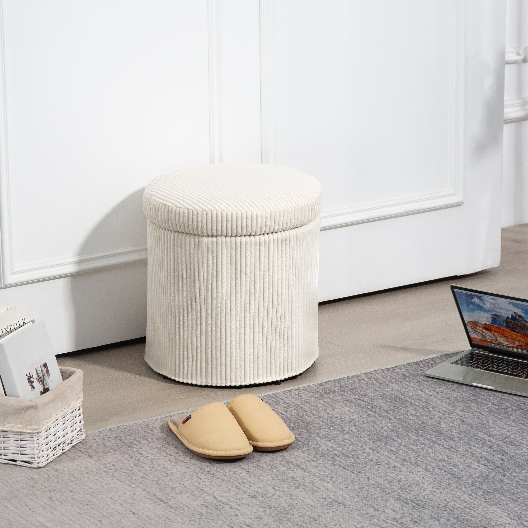 40cm Round Storage Footstool, Made Of Corduroy Material, With Detachable Lid — image 9