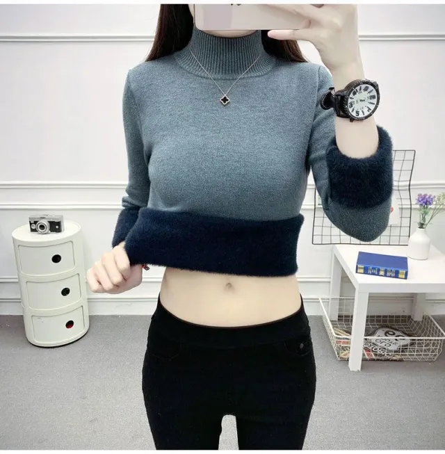 Plush Half High Collar Pullover With Black Base Knit Navy Blue - Shop at LoveMi