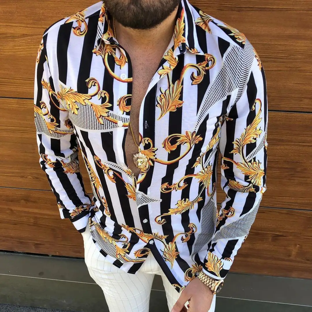 New Lapel Printed Casual Slim Fit Long Sleeve Shirt