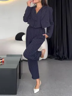 Striped Vest & Short Blazer & High-waisted Pants Three-piece Set - Three Piece Set-Xs - View 1