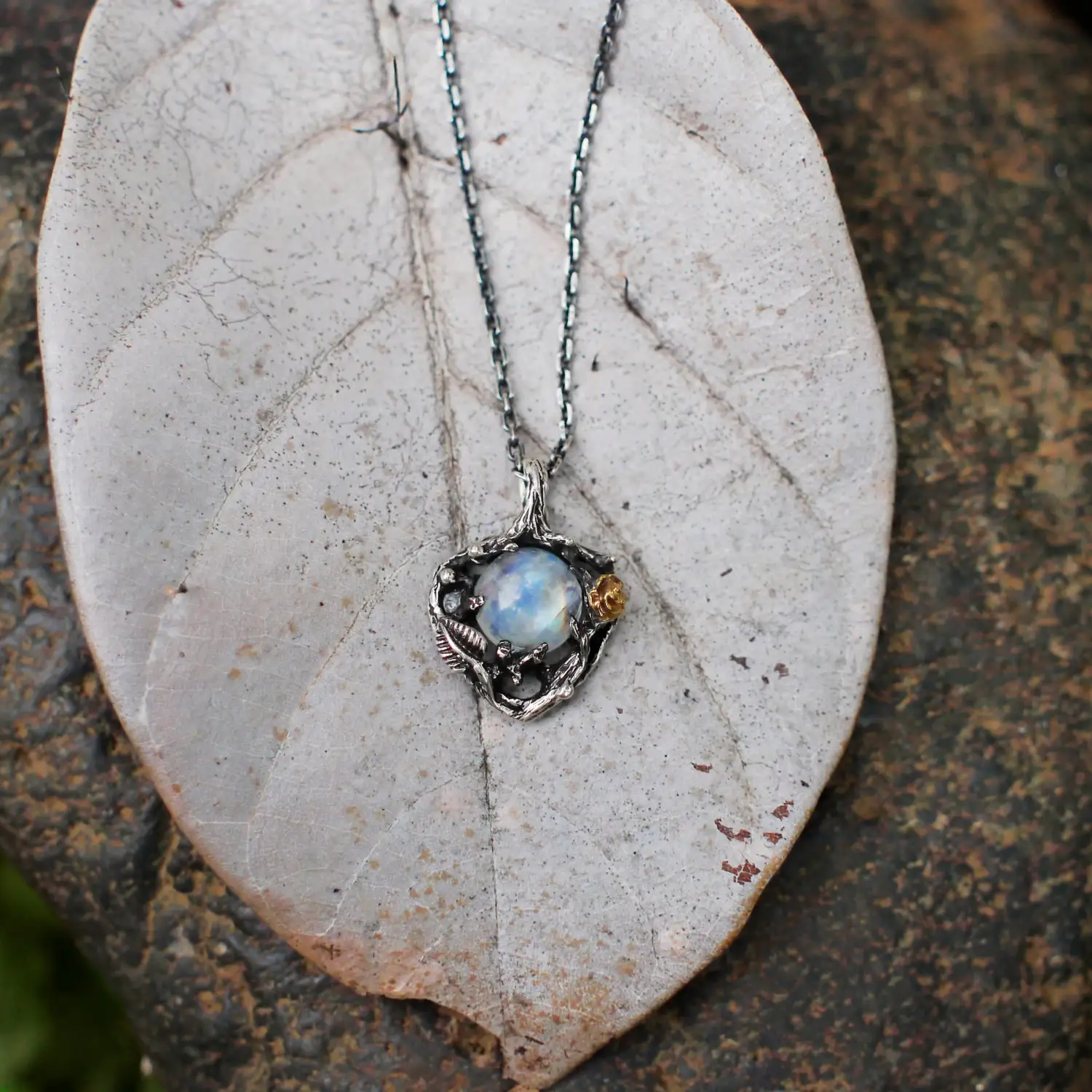 Colorful Synthetic Moonstone Rose Pendant Tree Leaf Branch Color Separation Necklace