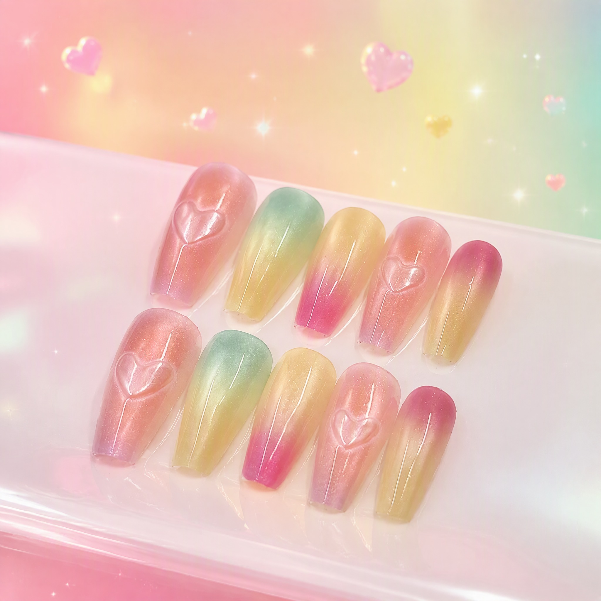 Macaron Cat-Eye Heart Press-On Nails