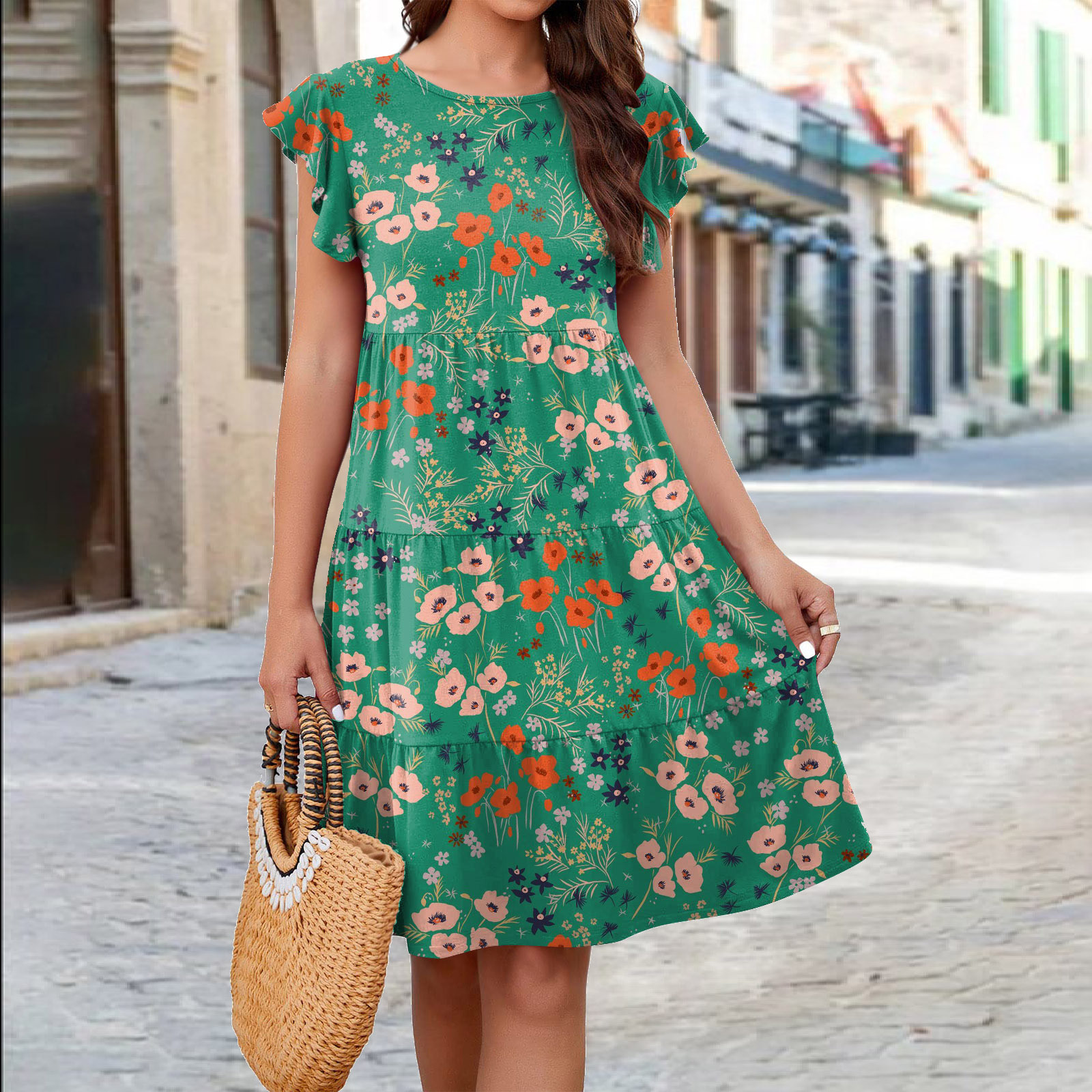 Ruffle Sleeve Dress Summer Loose Flower Print Beach Dresses Sweet Skirt Women - Picture 4 of 7